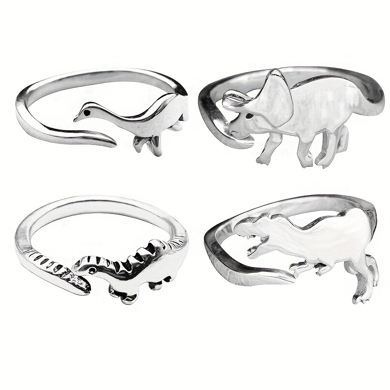 

chic Dino" 4-piece Set Of Adorable Dinosaur Rings - Minimalist, Adjustable Open Design In Rose Gold/white/gold/black - Perfect For Diy Crafts & Everyday Fashion