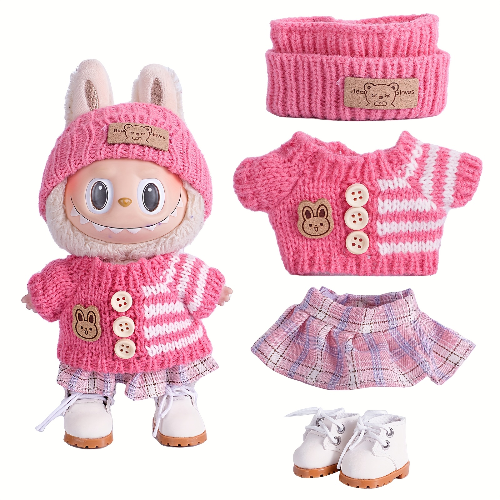 6.69英寸娃娃衣服，适合Labubu，带有3套装 - 时尚渔夫帽和毛衣和裤子或裙子套装，适合6.69英寸娃娃，非常可爱的Labubu配件，用于玩耍和展示（不包括鞋子和娃娃）