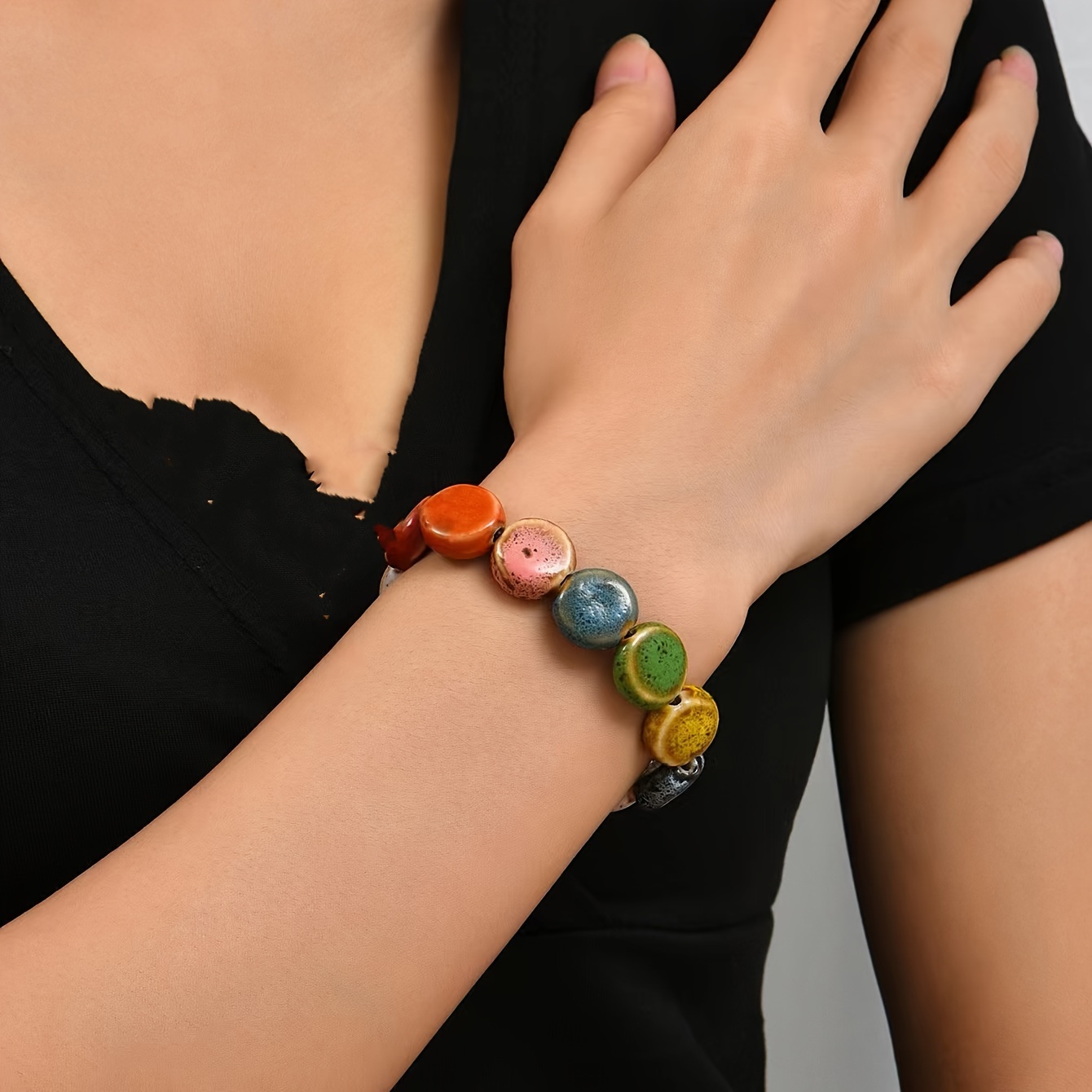 

Bohemian Handcrafted Ceramic Bead Bracelet - Ethnic Style, Unique Pattern & Color Variations, Perfect Gift For Ages 15+