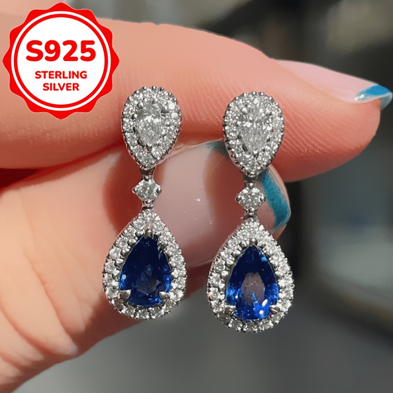TEMU 1pc S925 Silver Double-layer Teardrop Blue Synthetic Zirconia And -encrusted Earrings, Sapphire Teardrop Full-drill Drop Earrings, Elegant And ,