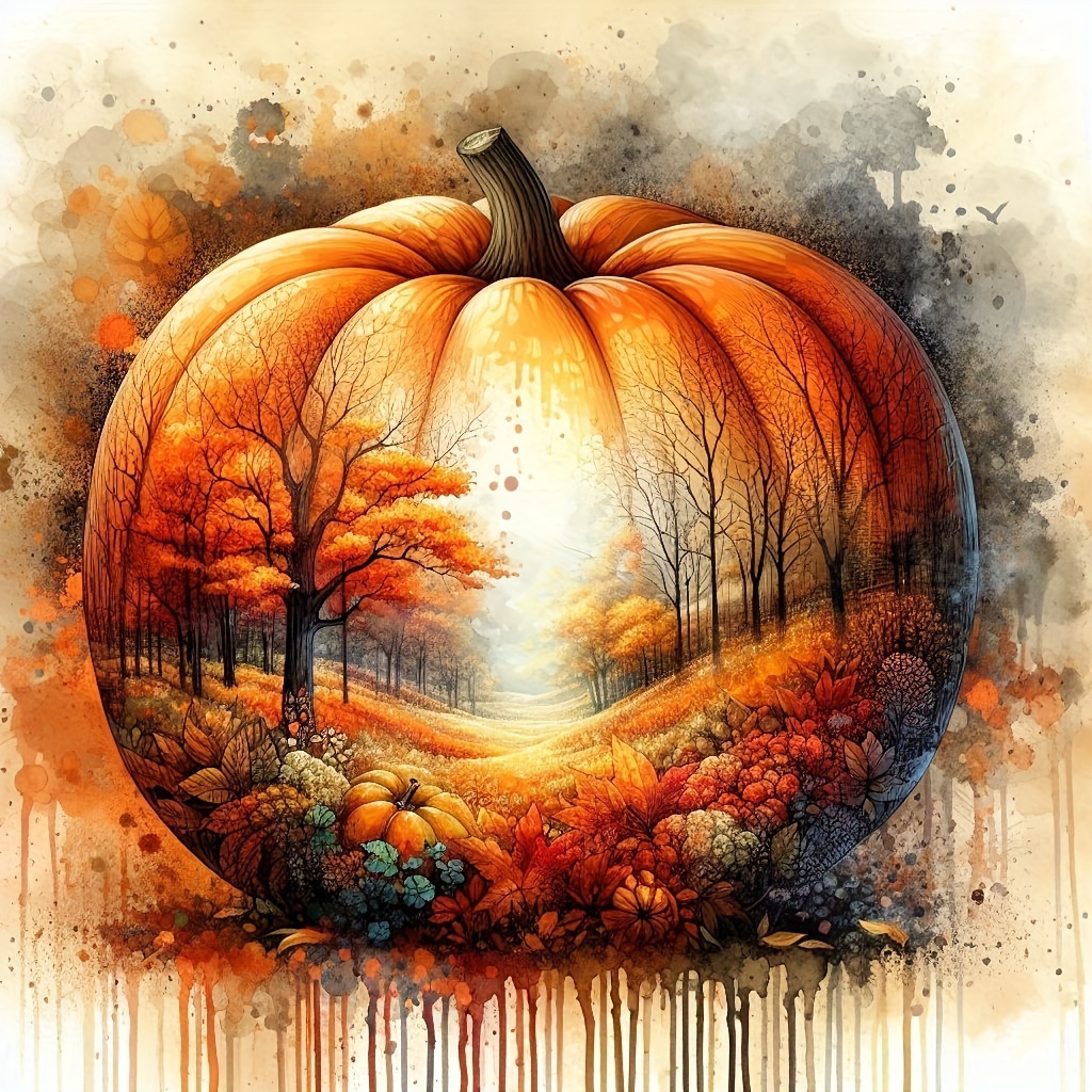 

5d Diamond Painting Kit - Landscape With Autumn Trees Inside A Pumpkin Design | Round Diamond Art | Diy Craft For Beginners | Wall Decor | Canvas 40cm*40cm