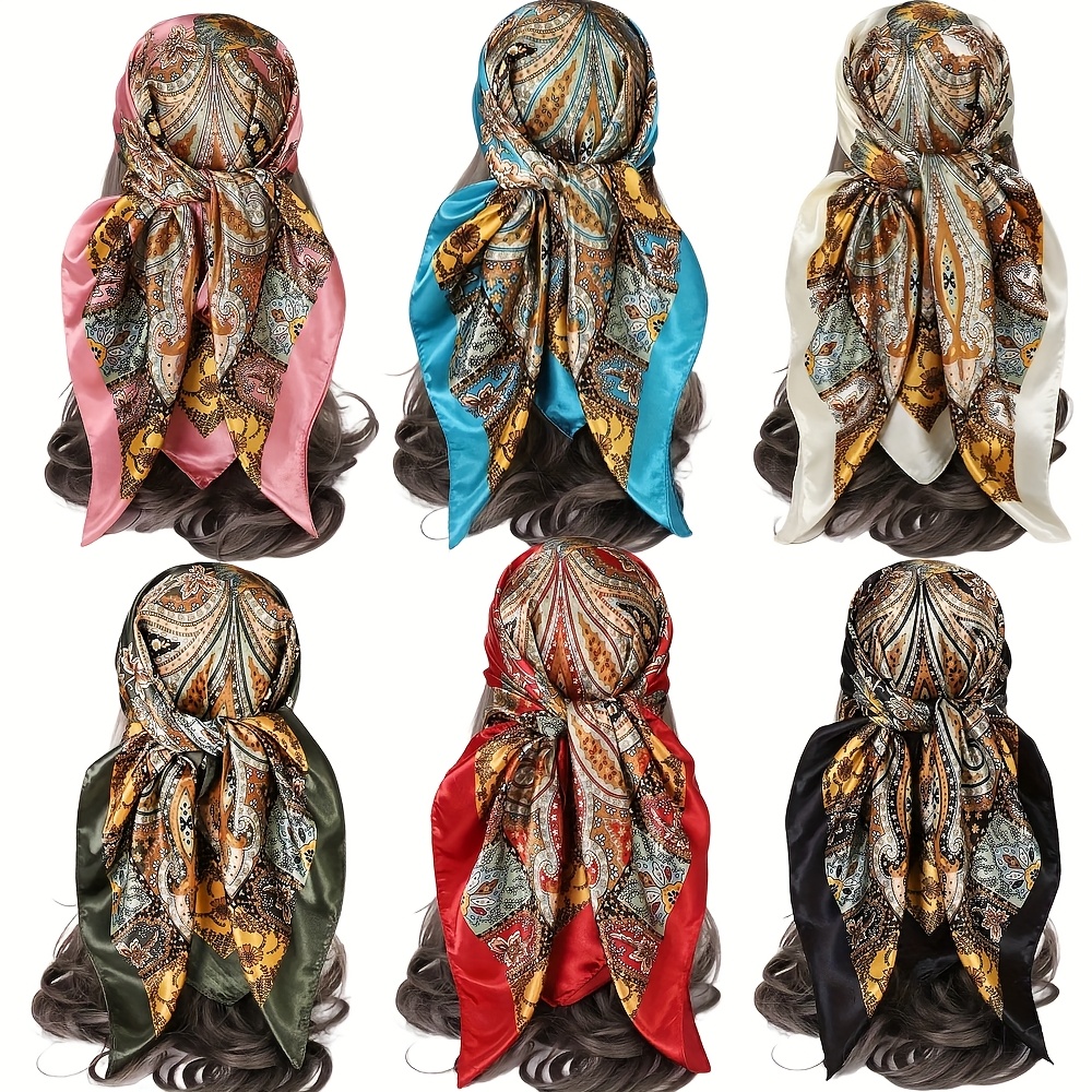 TEMU 6pcs Vintage Satin Square Head Scarves For Women, Elegant, Polyester, Paisley And Floral Print 6 In Mixed Colors, Polyester Satin, Elegant Head