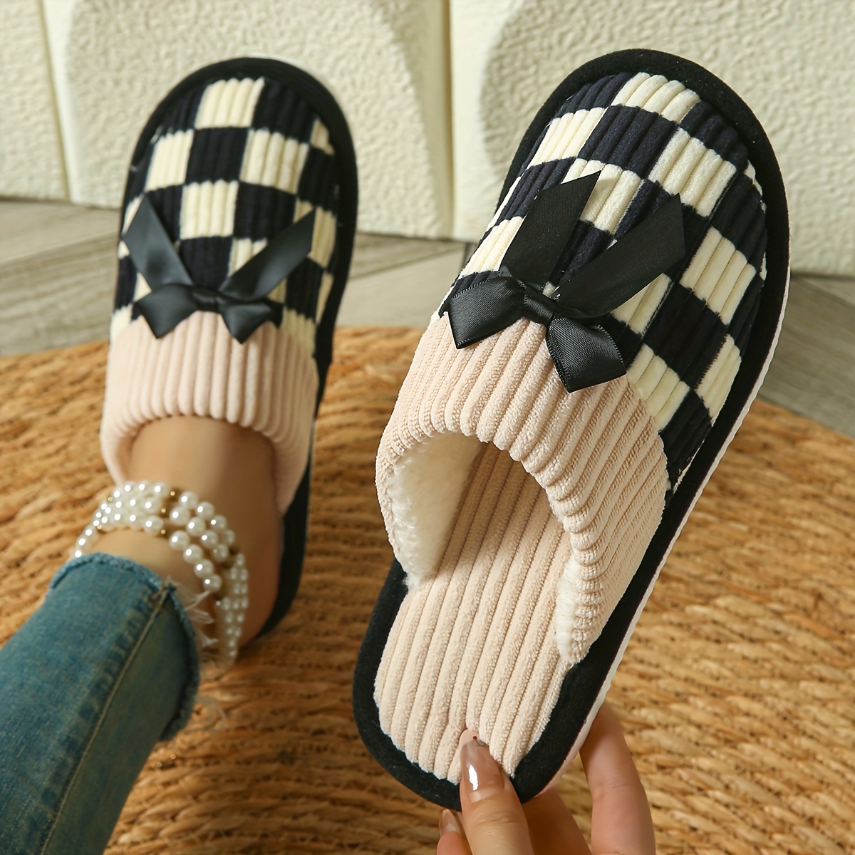 Image of Popular Check And Striped , Bedroom Floor Indoor Home Slippers For Men, Women, And Couples, Valentine's Day Gift, Warm Plush Home Slippers For Men And Women In Autumn And Winter, Women Shoes
