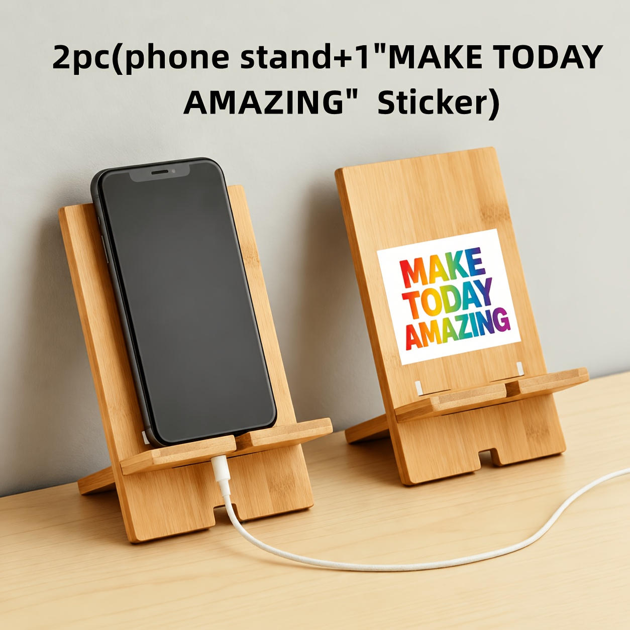 TEMU 1 Set (1pc Phone Stand And 1pc Sticker) Multi-angle Desktop Stand, Adjustable Bamboo Phone And Tablet Stand, Essential For Phones And Tablets,