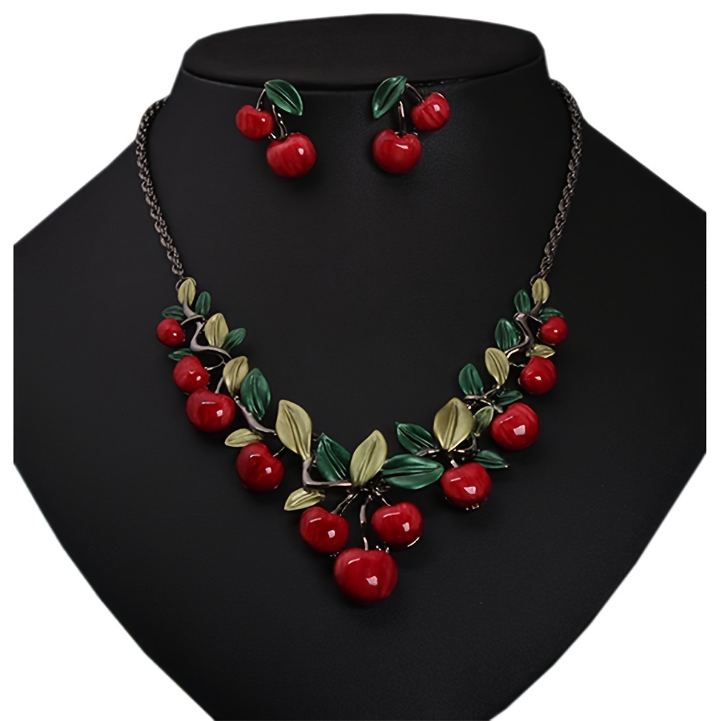 

Bohemian Cherry Necklace And Earrings Set For Women, Sweet Fashionable Retro Style Jewelry, Perfect For Birthdays, Festivals, Valentine's Day, Party Gifts