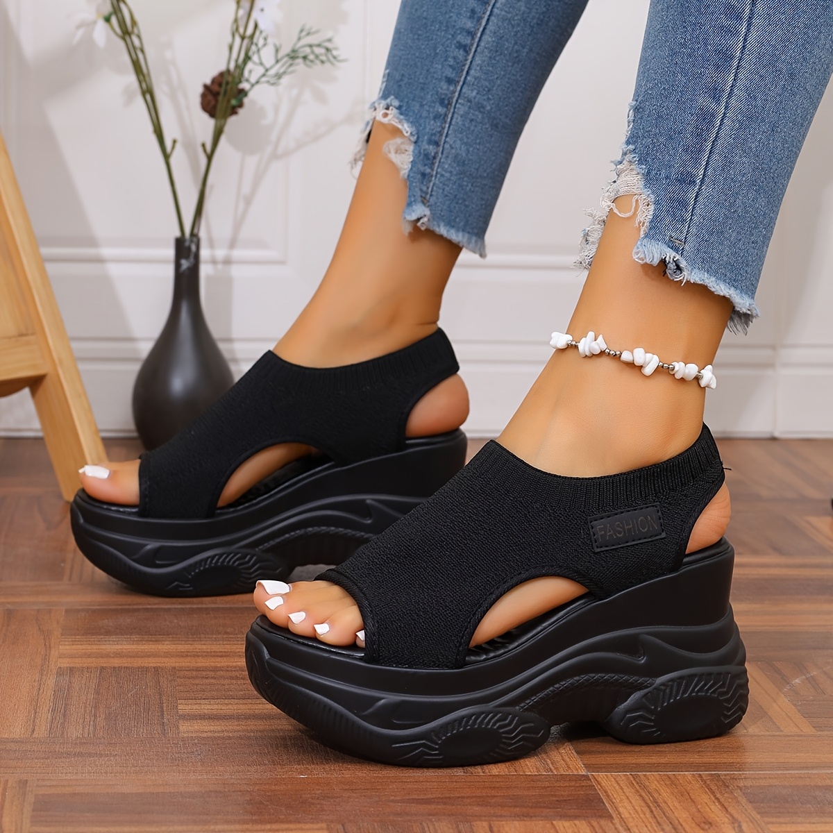 women's black knit wedge sandals comfy open toe slip Temu United