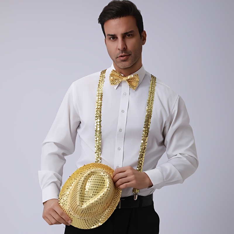 TEMU 3-teiliges goldenes Fedora-Hut-Set mit Fliege und Hosenträger für 70er-Jahre-Vintage-Partykostüm, Disco-Halloween-Weihnachts-Neujahr-Accessoire,