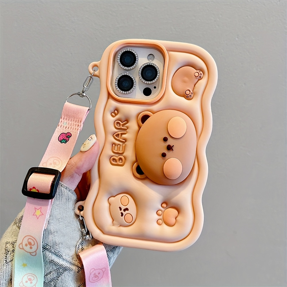 Cute Brown Bear Silicone Phone Case Holder Phone Case with Bear Lanyard for 11 12 13 14 15 16 Pro Max