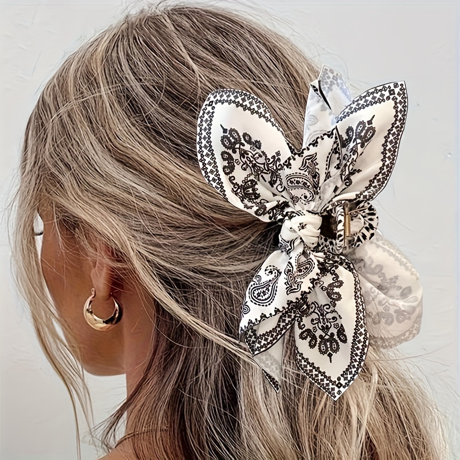 

Vintage Elegant Hair Claw With Bow And Tassel, Big Fabric Hair Clip For Women, Paisley Bohemian Style Hair Accessory, Ideal For Vacation And Photoshoots