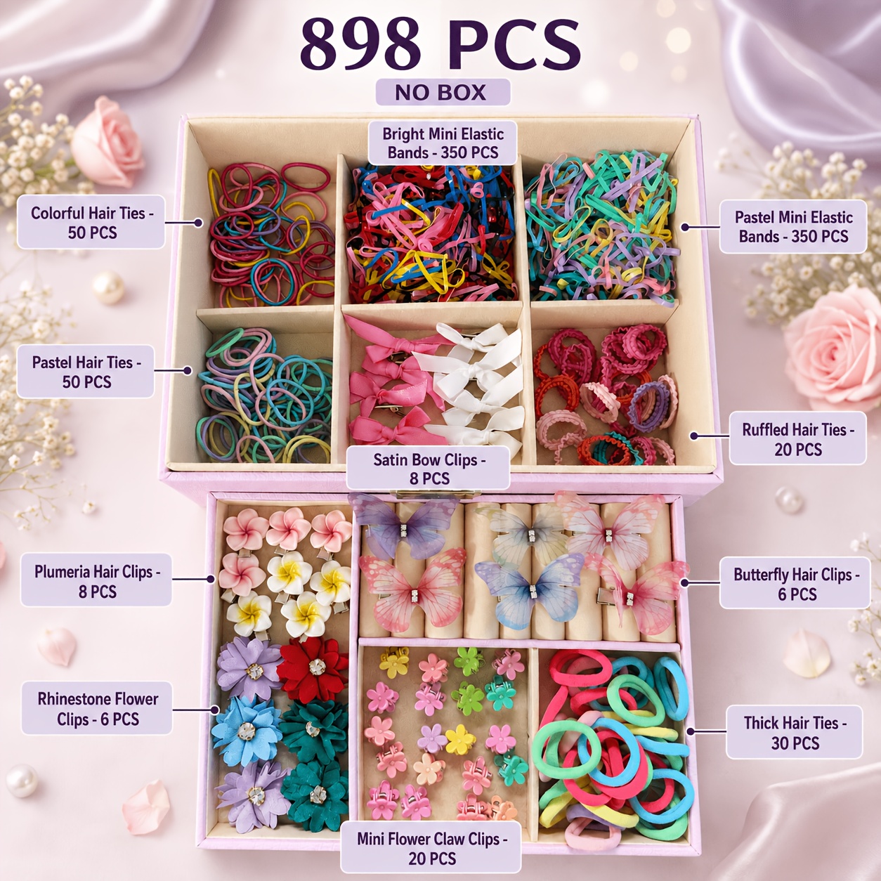 TEMU 898pcs Mixed Cute Sweet Floral Hair Accessory Set, Included - Plumeria-designed High-elastic Hair Ties And Clips, Suitable As All-year Gifts For