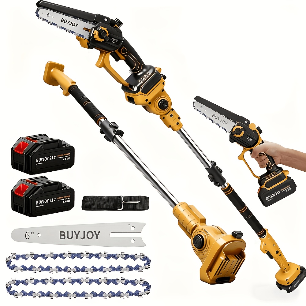 TEMU Mini tronçonneuse 6 pouces avec chaînes supplémentaires, tronçonneuse fil 2-en-1 avec perche d'extension, moteur balais, 2 batteries pour une