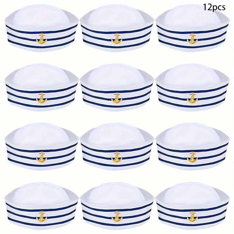 Sailor Hat Set For Halloween Carnival Party, Navy Sailor Hat For Performance Cosplay, Adult Sailor Costume Hat, 12-piece Set With White Embroidered Logo And Striped Sailor Hat