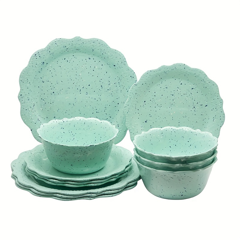 

12pcs Teal Melamine Dinnerware Set - Service For 4 - Scalloped Edges And Speckled Design - Perfect For Both Everyday Use And Special Occasions