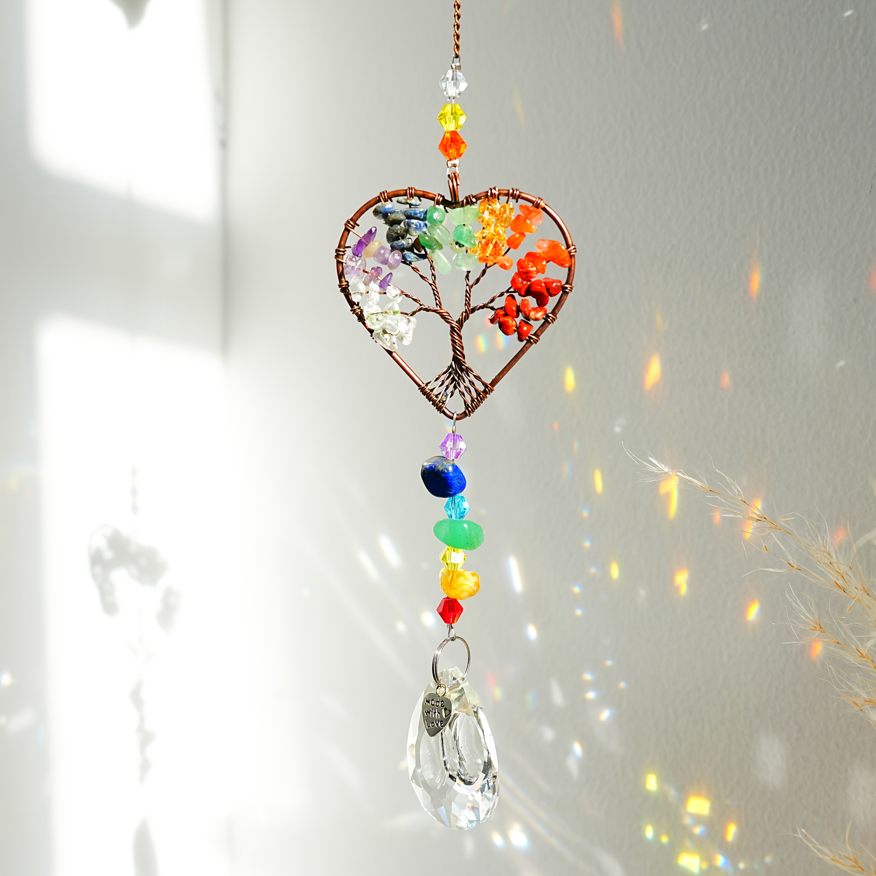 Image of 1pc/3pcs Sun Catcher, Tree Of Life Suncatchers Heart Shaped Hanging Ornament Chakra Stones Window Crystal Ball Prism Pendant Garden Home Car Decor