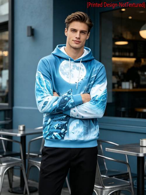 mens 1pc long sleeve lightweight hoodie for spring and autumn sky blue pullover loose fit hooded sweatshirt full print of ancient castle and scenery kangaroo pocket casual top