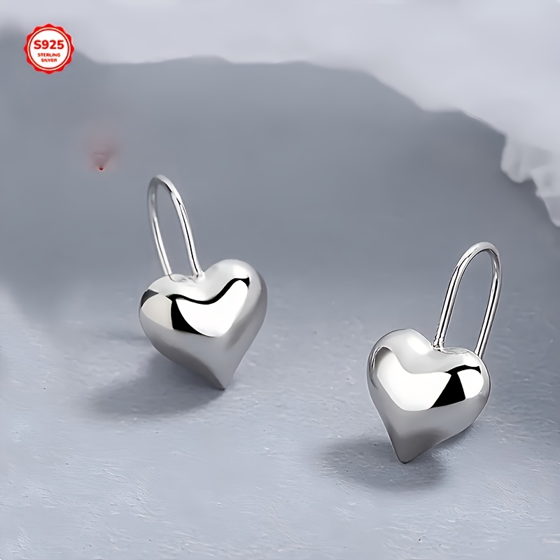 

925 Pure Silvery Heart Earrings, Hypoallergenic Jewelry, Elegant , Suitable For Women's Dating, Valentine's Day, Day Wear