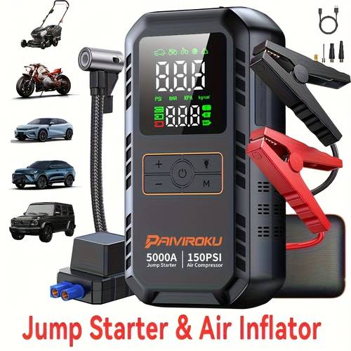 item picture 7 in 1 portable jump starter with air compressor 150 psi air pump for car tires 5000a jump starter for car 7 0 6 0l lcd display led flashlight and emergency light qc3 0 fast charging portable power bank