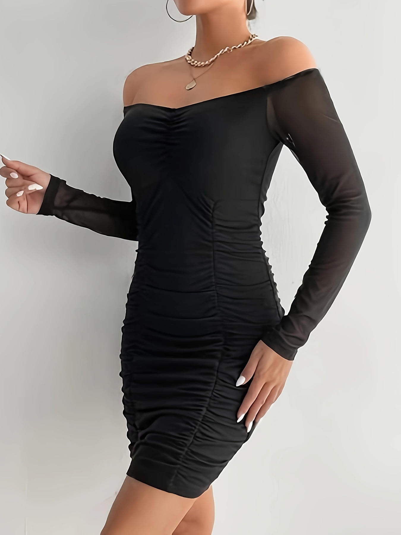 black off the shoulder ruched bodycon dress Black Bodycon One Shoulder Ruched Dress