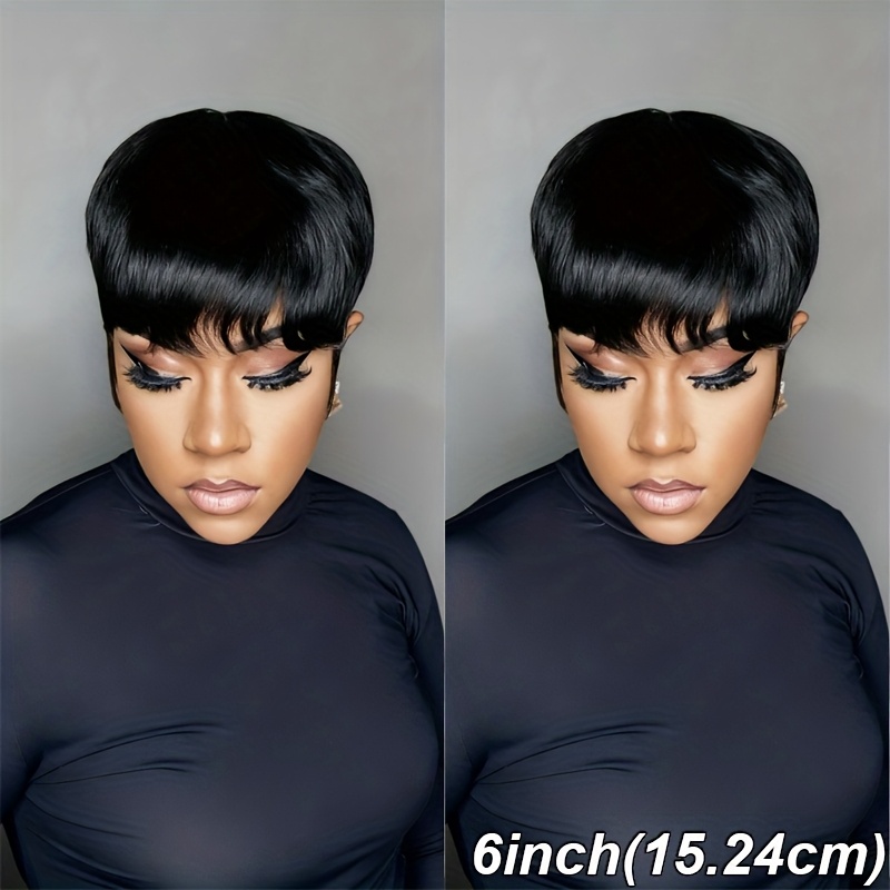 Image of Short Straight Human Hair Wig 6inch 180% Density Wigs For Women Brazilian Layered Hair Wig For Daily Wear Full Machine Made Wig 1b Color