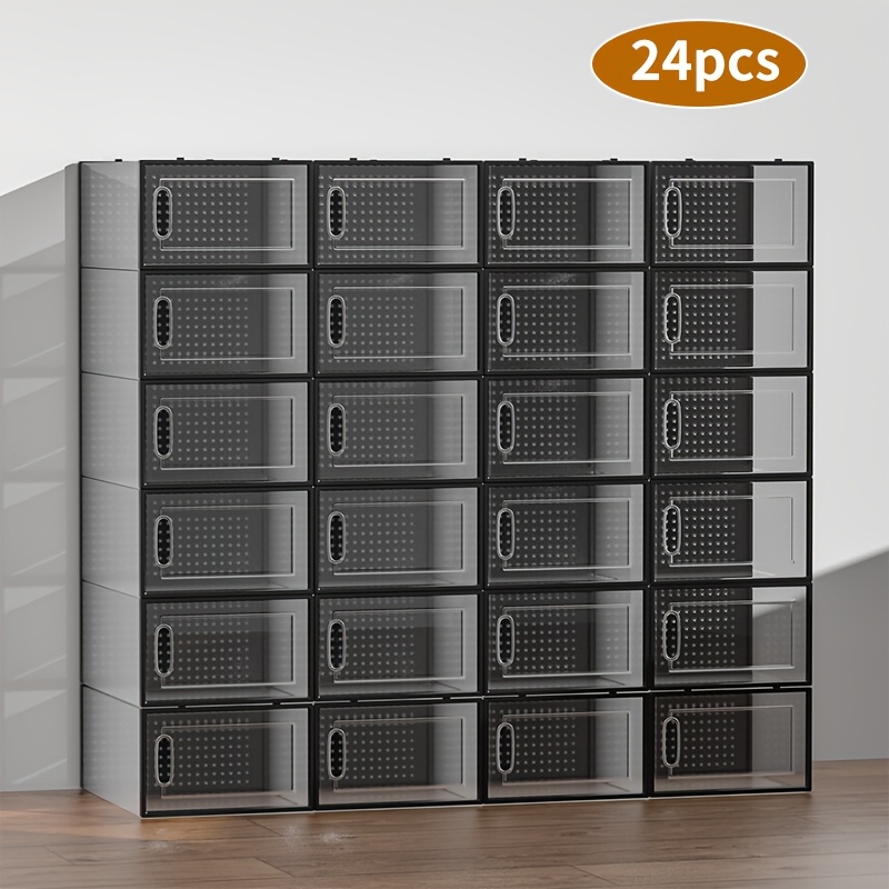 TEMU 6/12/24pcs Thickened Transparent Shoe Boxes With Lid, Foldable Stackable Free Combination Shoe Rack, Plastic Sneaker Container, Space Saving