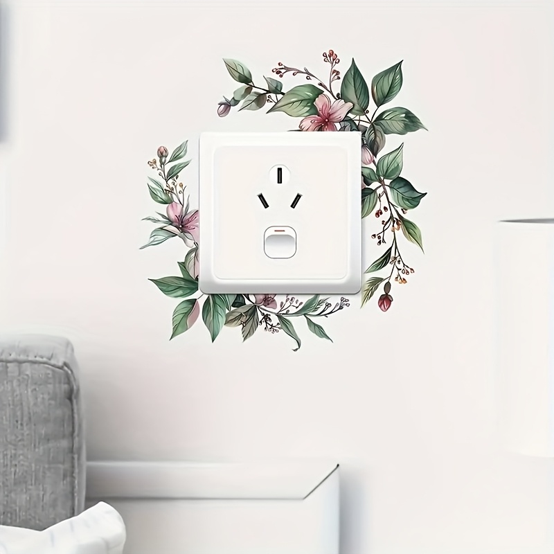 Image of 1pc Flower And Leaf Switch Sticker, Vinyl Wall Decal For Room And Living Room, Artistic Botanical Decorative Sticker