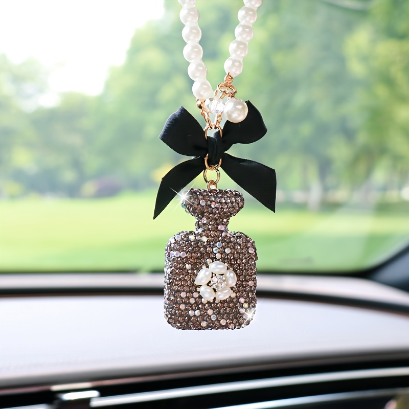 elegant black bow pearl car hanging ornament sparkling crystal perfume     metal   car mirror or keychain ideal gift accessory car mirror decor Product details 4