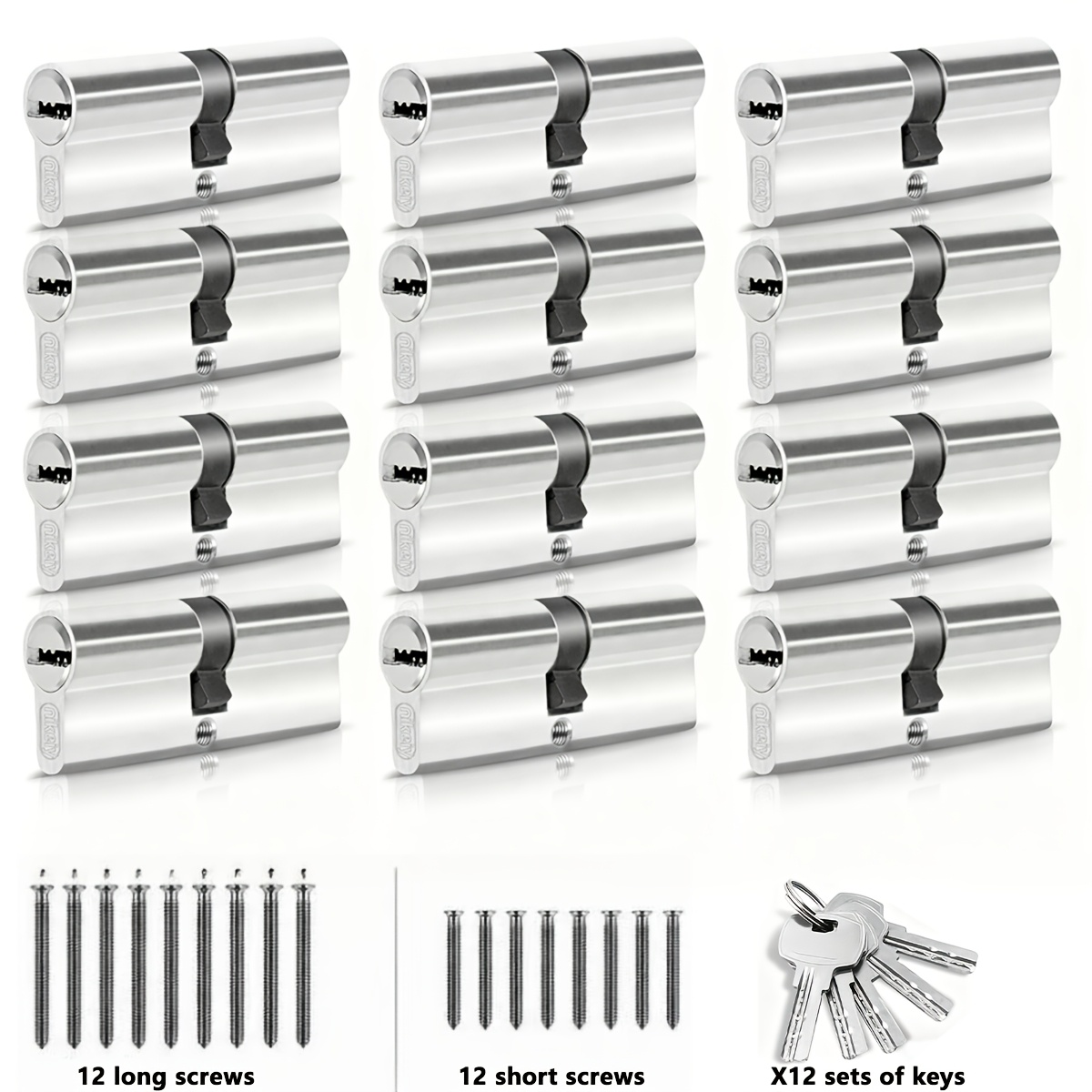 Image of 12pcs Profile Cylinder Lock Cylinder Set, Dual Cylinder, Rotary Cylinder, Includes 60 Interlocking Keys, 12 Long Screws And 12 Short Screws For Mounting. Sizes: 60/60, 70/70, 80/80, 90/90 Mm