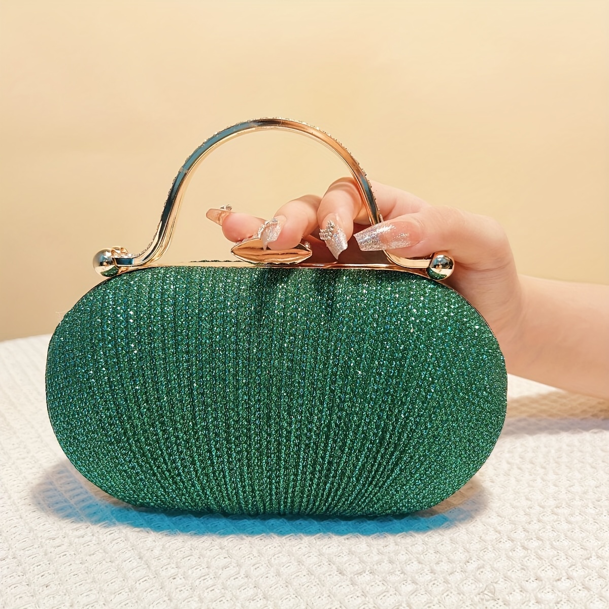 TEMU Purple Color Glitter Fashion Clutch Bags Diamonds Metal Handle Evening Bags Ruched Box Handbags For Female Pocket Purse