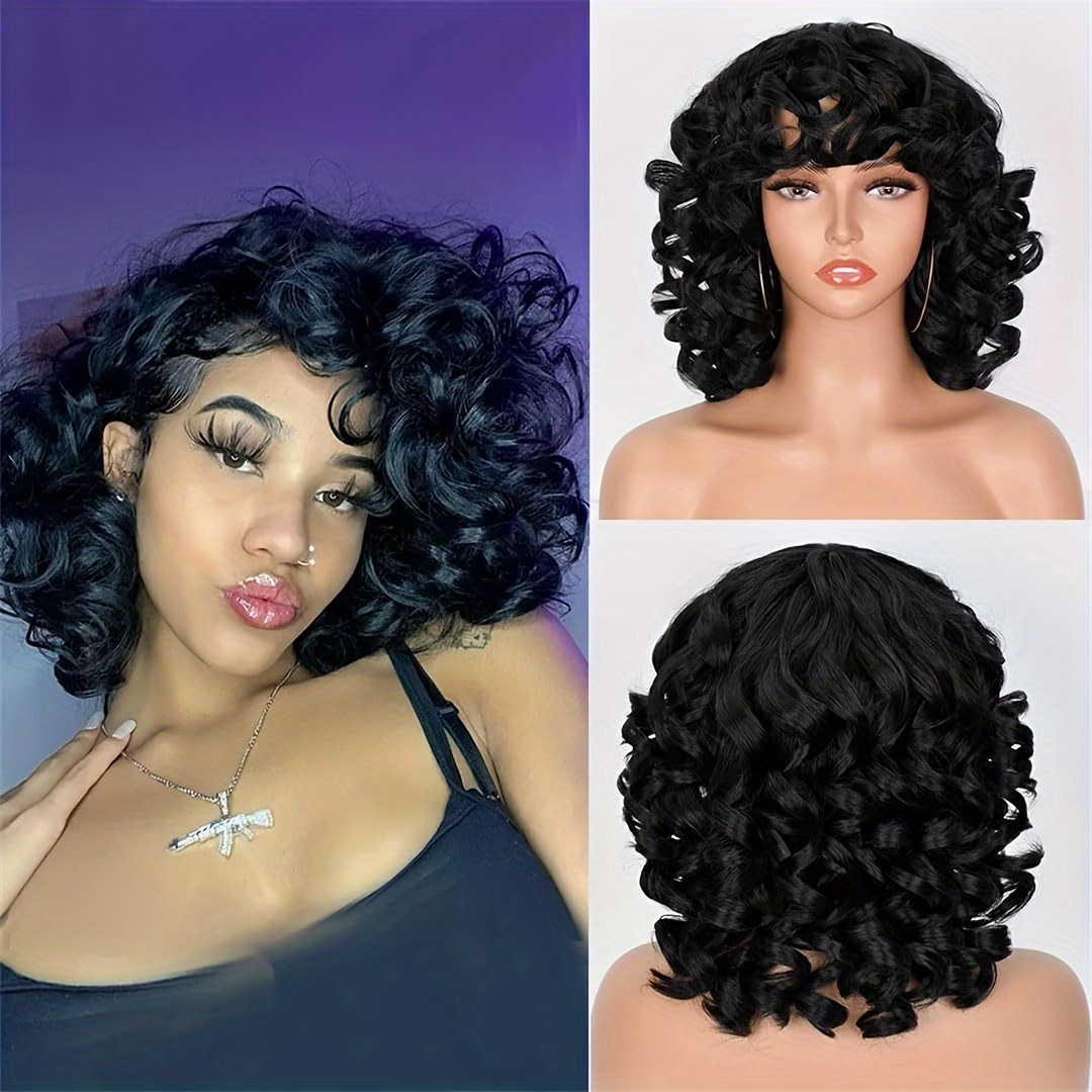 Short Curly Afro Wigs Women Blue Wig Bangs Temu New Zealand