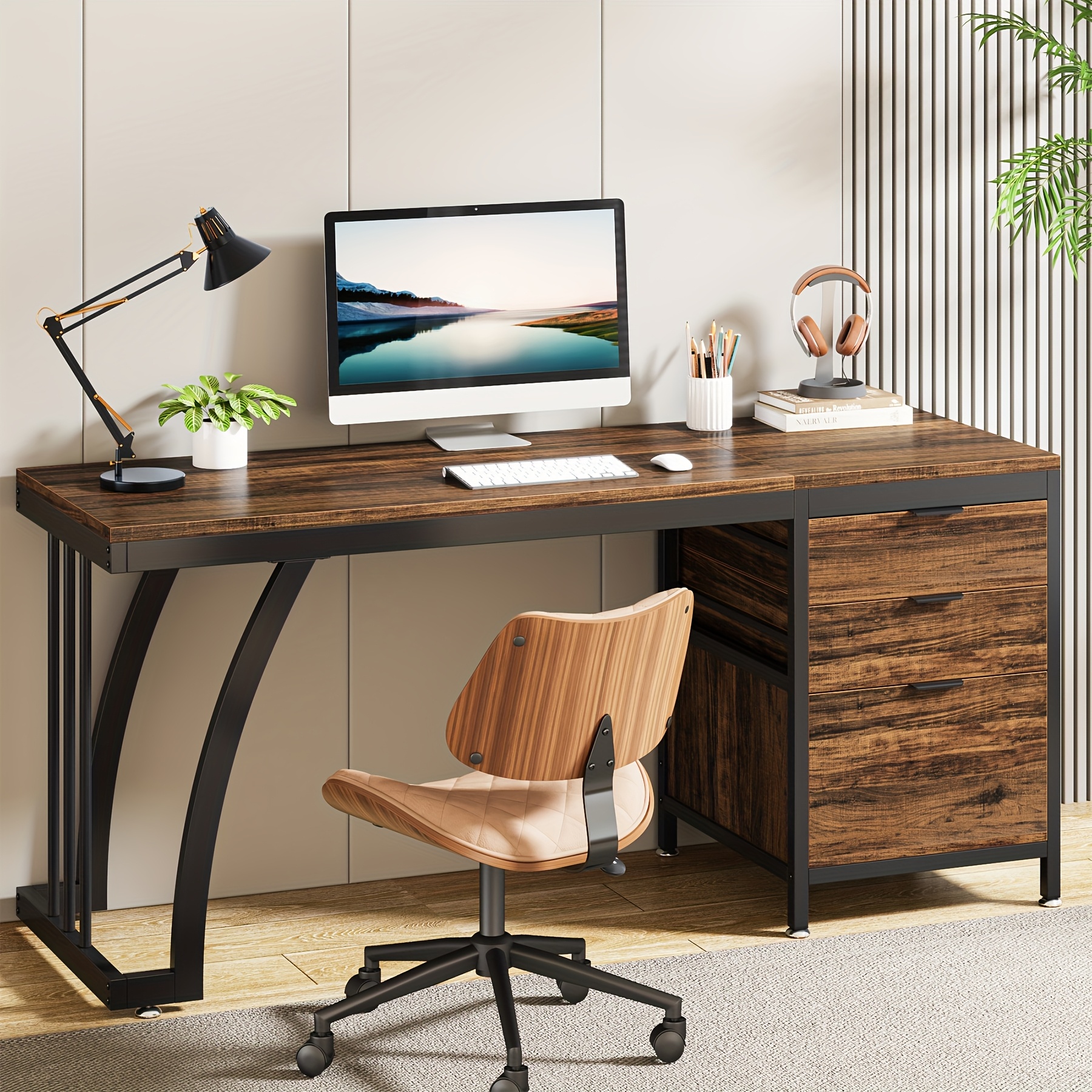 59-Inch Industrial Computer Desk with 3 Reversible Drawers & File Storage - Brown Engineered Wood & Black Metal Workstation, Adjustable Foot Pads, Smooth Edges, Easy Assembly for Home Office, Desk Accessories Office, Sturdy Construction, Study Writing Table, Rustic Furniture, Highquality Materials, Remote Workers