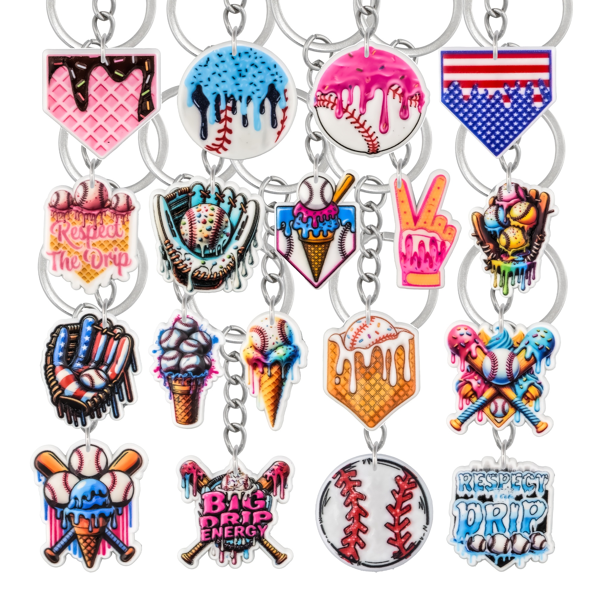 18pcs Cute & Sporty Baseball Glove & Ice Cream Ball Keychains - Bag Charms Suitable For Women' Key Rings, Backpack Accessories, Purse Decorations - Bag Charms Pack