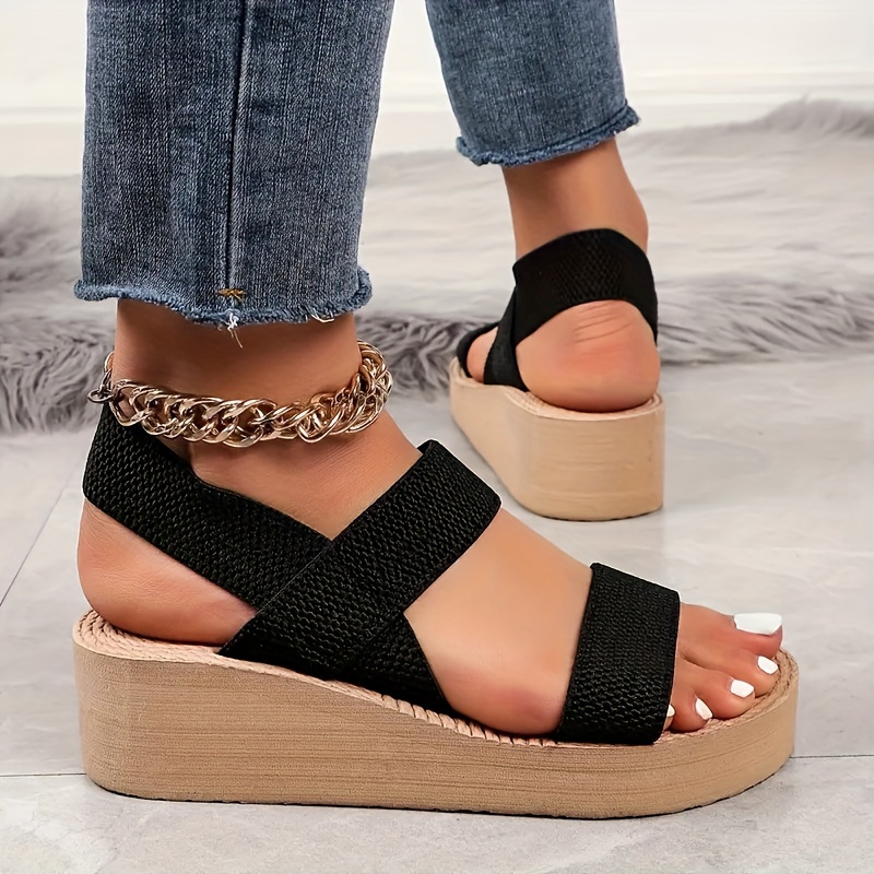 Women's Beige Wedge Sandals Comfortable Open Toe with Elastic Ankle  Strap, Casual Summer Thick Rubber Sole, Breathable Fabric Material,