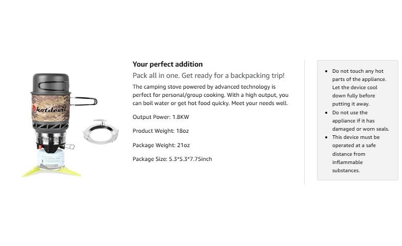 0 75 0 25l portable backpacking camping stove cooking system outdoor propane burner with     pot and metal holder camp stove kit ideal for hiking fishing hunting and emergency Product details 1
