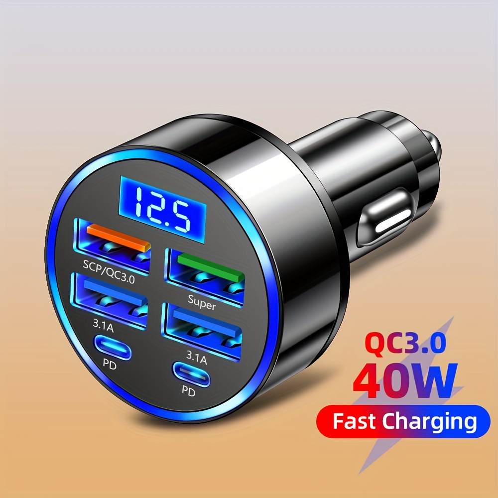 

40w 4 Usb + 2 Pd Fast Charging Qc3.0 Usb Type C Car Phone Charger With Led Digital Usb C Charger For Iphone