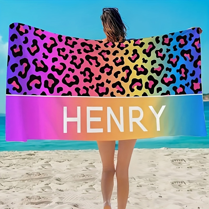 TEMU 1pc Custom Name Beach Towel - Microfiber Quick-dry, Bright Leopard Print, Anti-fade & Sand-resistant, High Absorbency For Pool, Beach, Bath -