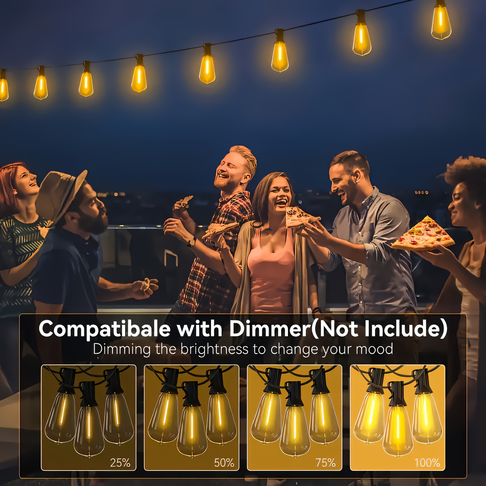 50-200 ft LED Outdoor String Lights with Shatterproof ST38 Edison Bulbs, E12 Socket, Black Wire, 2700K Dimmable Hanging Lights for Party and