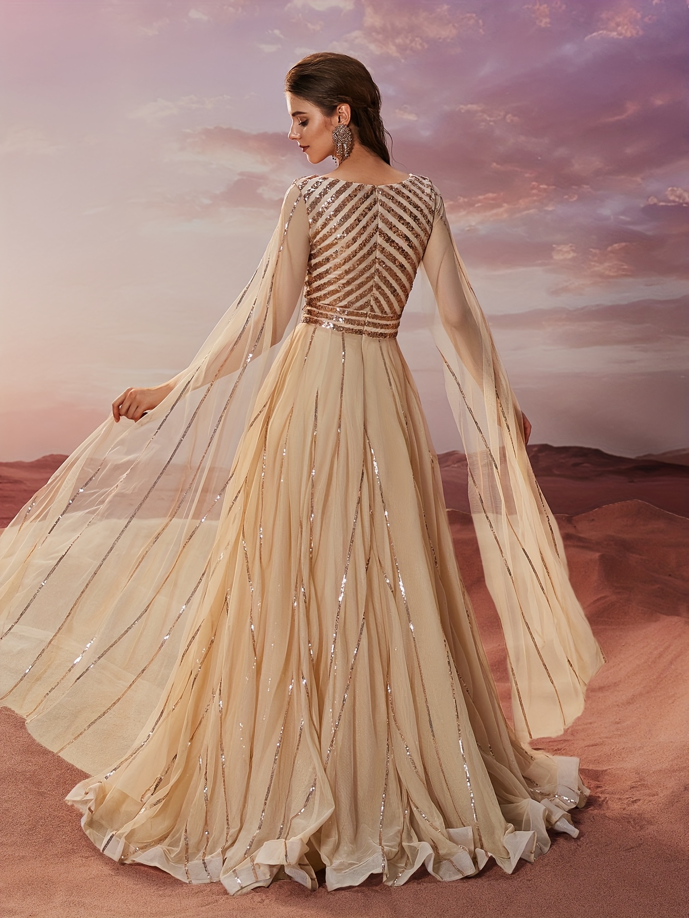 Women Chiffon Formal Evening Dress Ball Gown Night Dress Maxi Dress Cape  Long Sleeve Striped Sequin Elegant Fairy Prom Party Wedding Guest Birthday  Banquet Graduation Dinner Adult Ceremony Celebration ...