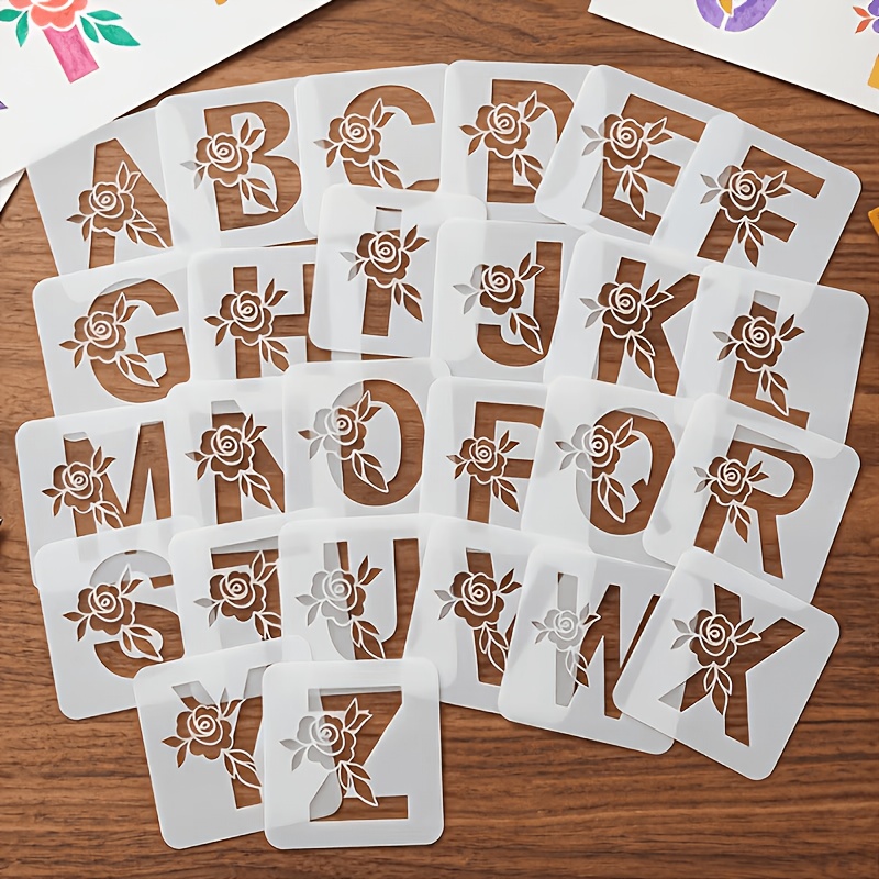 TEMU 26pcs Flower A-z Large Alphabet Templates | Reusable Plastic Cutout Panels, Artistic Flower Alphabet Painting Templates For Crafts, Suitable For