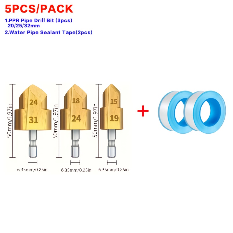 Image of 5pcs/pack, Ppr Pipe Reaming Drill Bit 3pcs + Water Pipe Sealant Tape 2pcs, Hex Shank Step Bits (20/25/32mm) Suitable For Ppr/tpr Pipe Expansion & , Ideal For Hot/cold Water Pipe Repair
