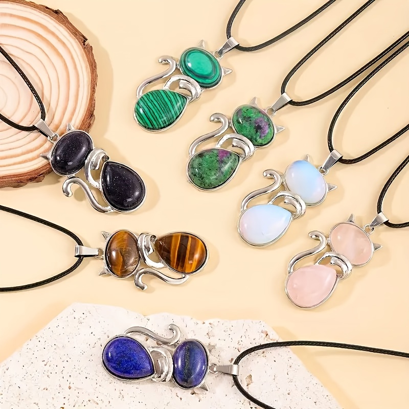 10pcs Natural Stone Cat-Shaped Pendant Ornaments Set