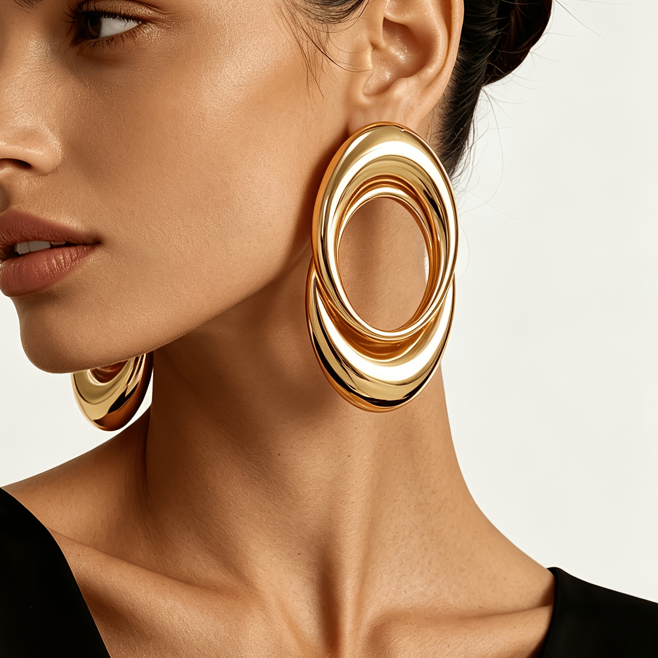 TEMU Boucles d'oreilles ovales double couche pour femmes, boucles d'oreilles à double anneau imbriquées 3D en métal , bijoux d'oreille rétro faciles