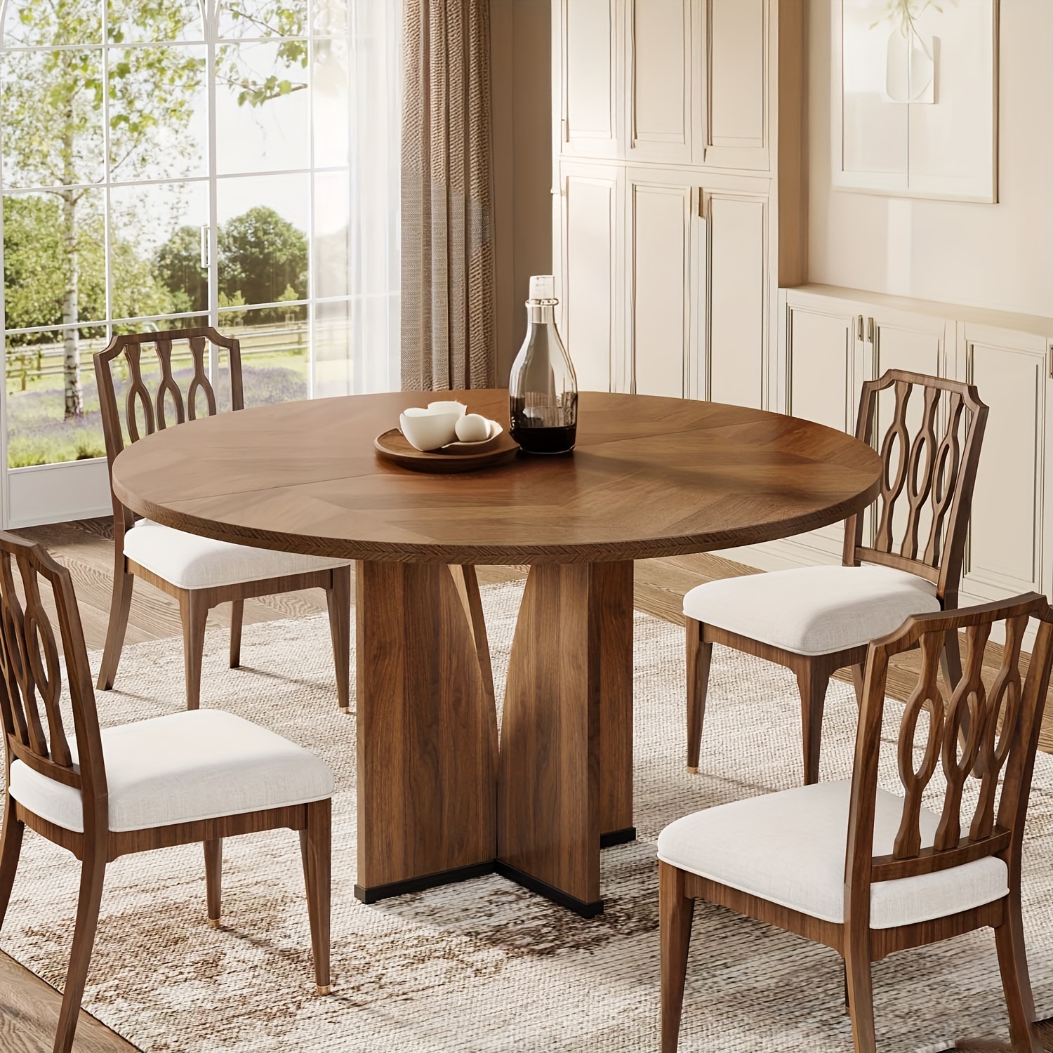 E-shop Runder Multifunktionaler Schreibtisch & Esstisch für 4 Personen im zeitgenössischen Bauernhaus-Stil mit Holzplatte aus verarbeitetem Holz und