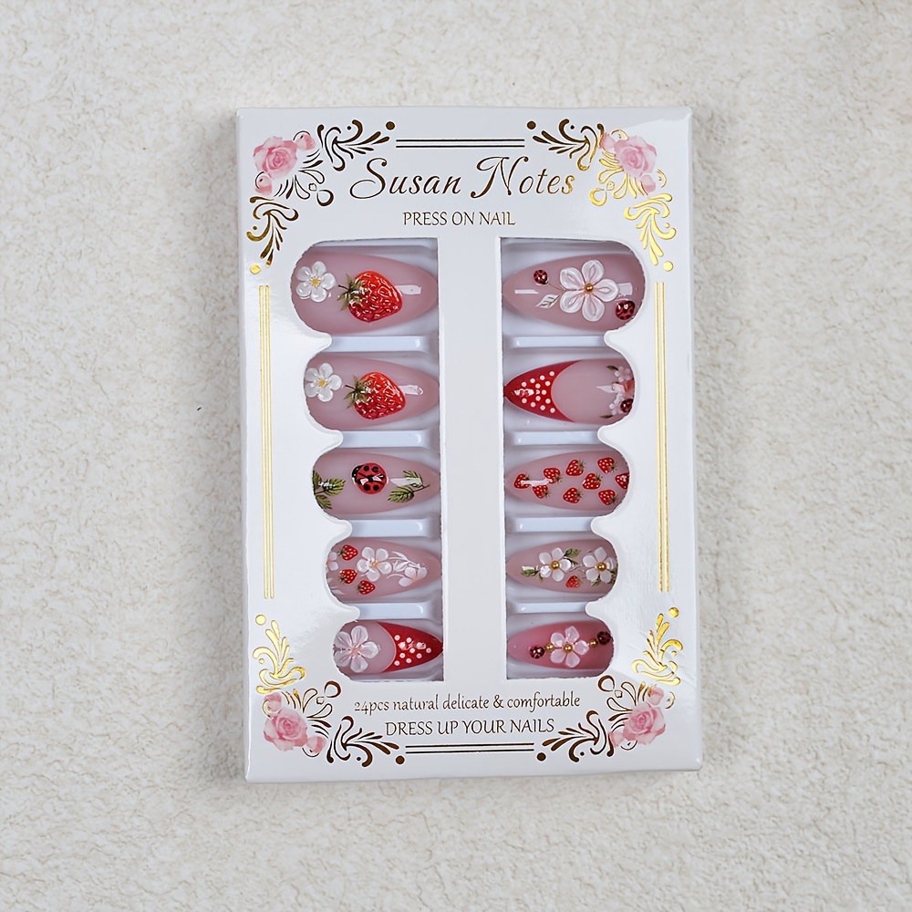 TEMU 24pcs Almond-shaped 3d Icy-clear Strawberry Press-on Nails With Red And White Polka Dots, Carved , Detachable Fake Nails, Nude Color, In Stock