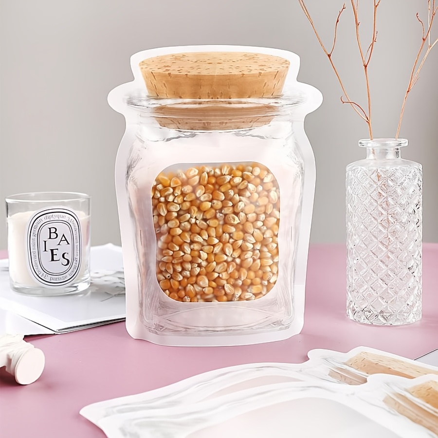 

50pcs Reusable Mason Jar-shaped Frosted Plastic Bags With Zipper Closure - Ideal For Cookies, Snacks & Baking Storage, Self-standing Pouches, Cookie Bags