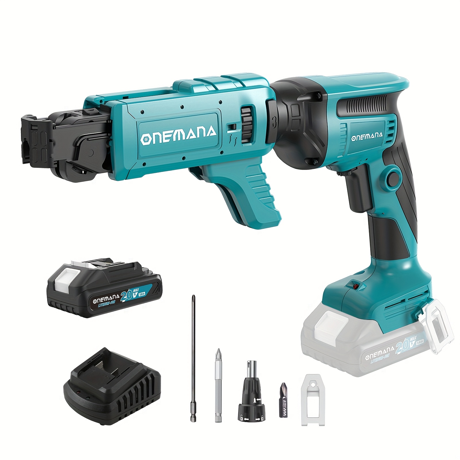 Image of 20v Drywall Screw Gun Brushless, Onemana Lithium-ion Brushless Self-feeding Drywall Screwdriver Auto Feed Variable Speed With Collated Drywall Attachment (includes 2.0ah Battery And Charger)