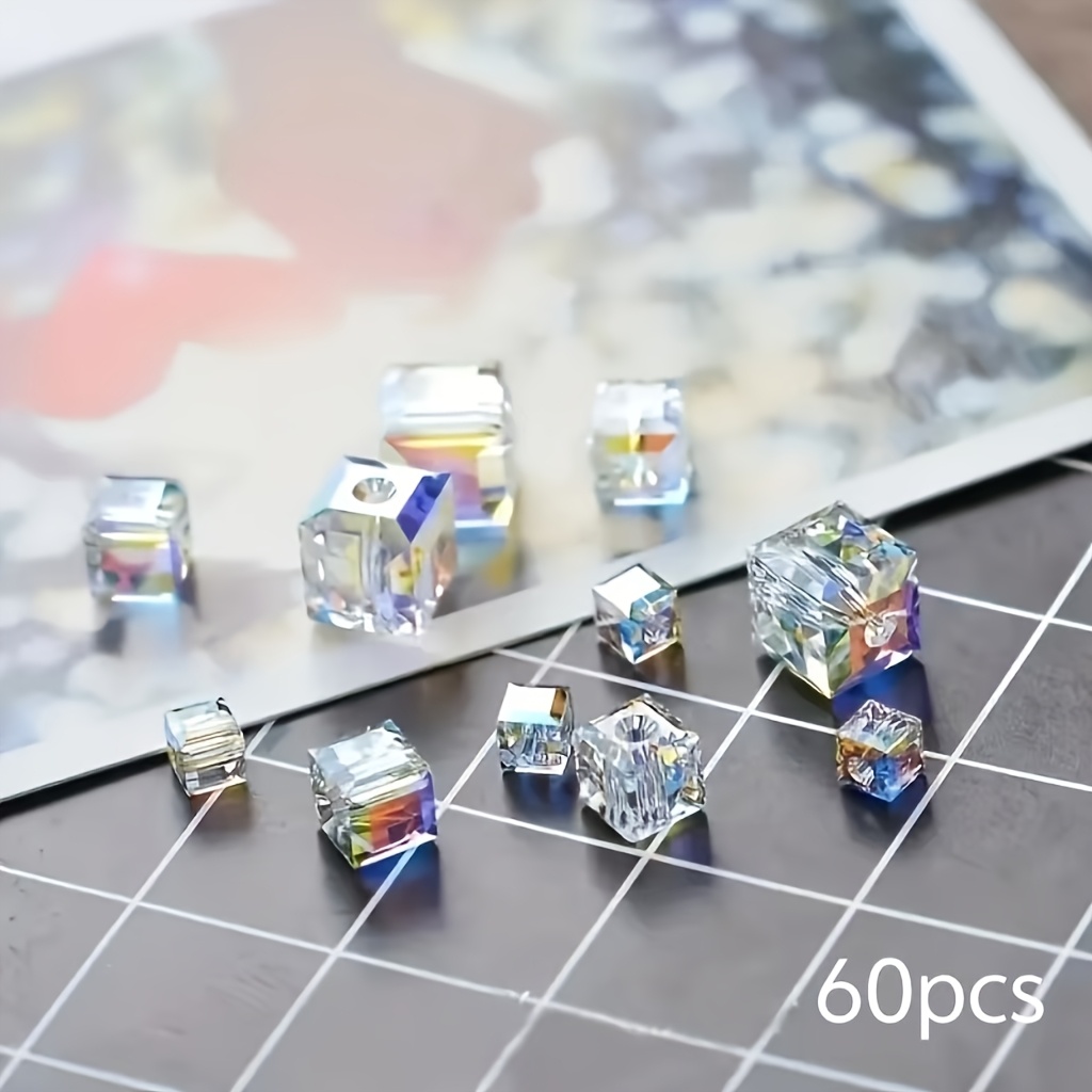 TEMU Lot de 60 Breloques en Verre Autrichien de 6mm - Perles Cubiques & Transparentes Blanches pour la Fabrication de Bijoux DIY, Fournitures