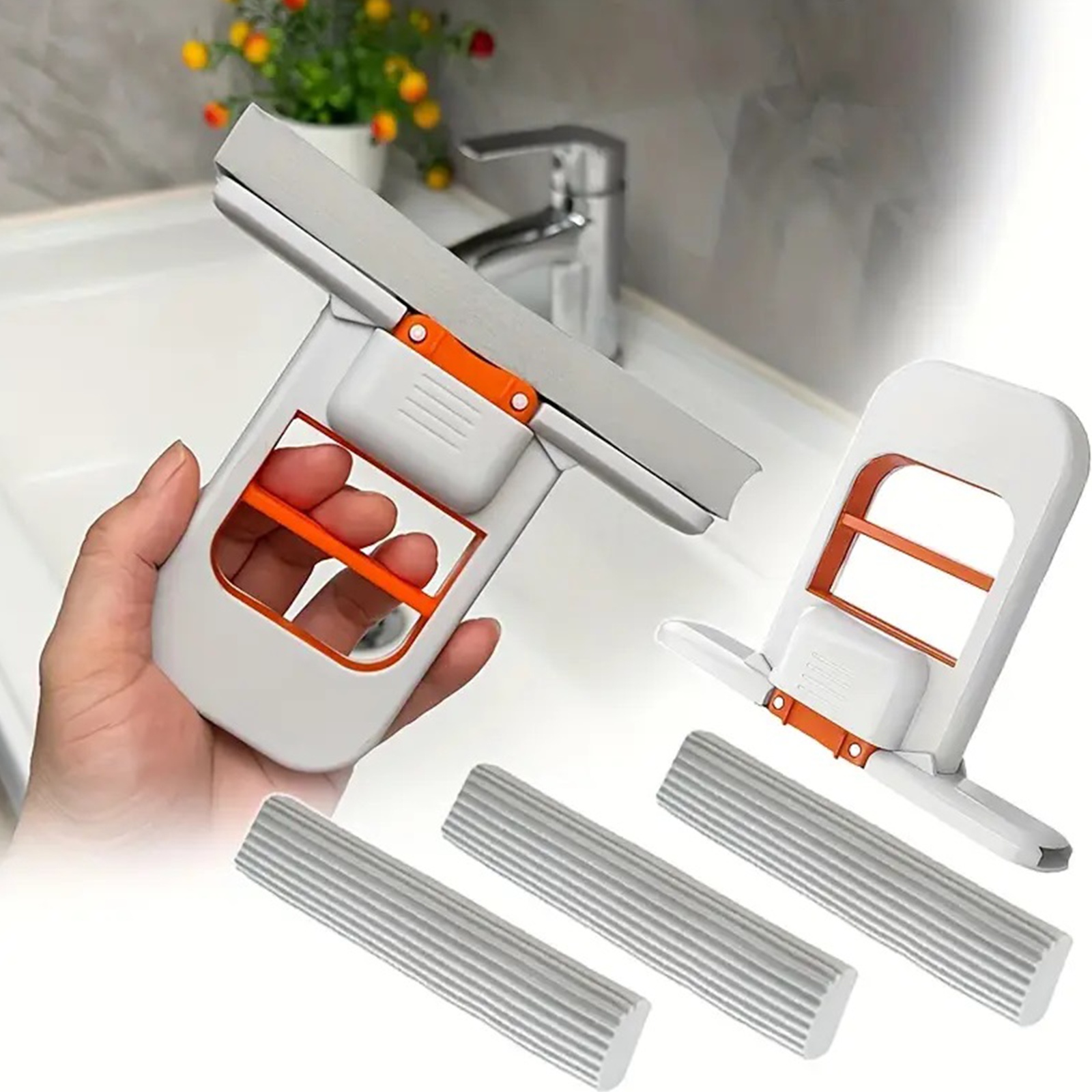 TEMU Ensemble de 4 pièces, 1 vadrouille + 3 éponges, Nettoyant de table rinçage - de nettoyage rapide, Système portable pliable encombrant, Brosse de