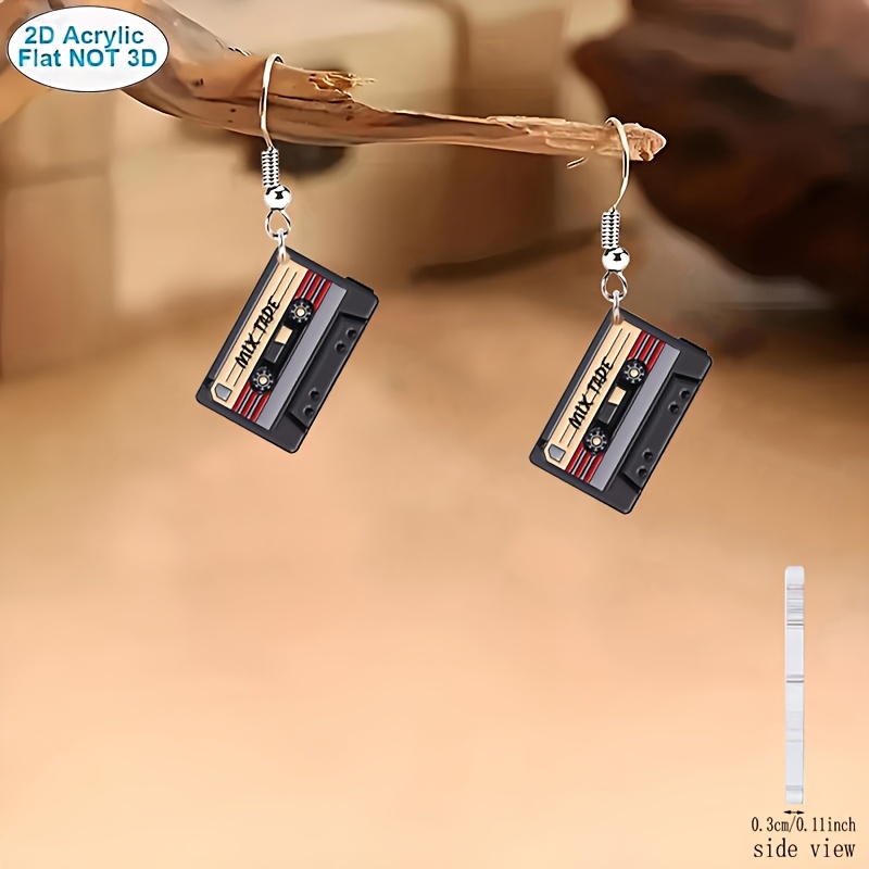 TEMU 2d Flat - 2d-1 Retro Style Cassette Print Flat Acrylic Earrings, Fashion Jewelry For Women To Wear At Music Festivals And Parties