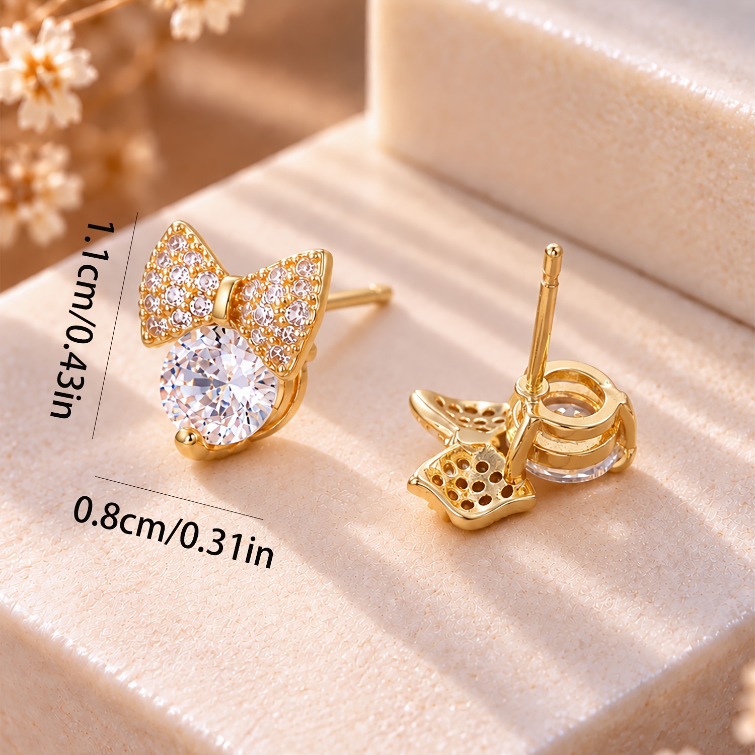 2pcs Vintage-Style Bow Stud Earrings, 14K Gold-Plated
