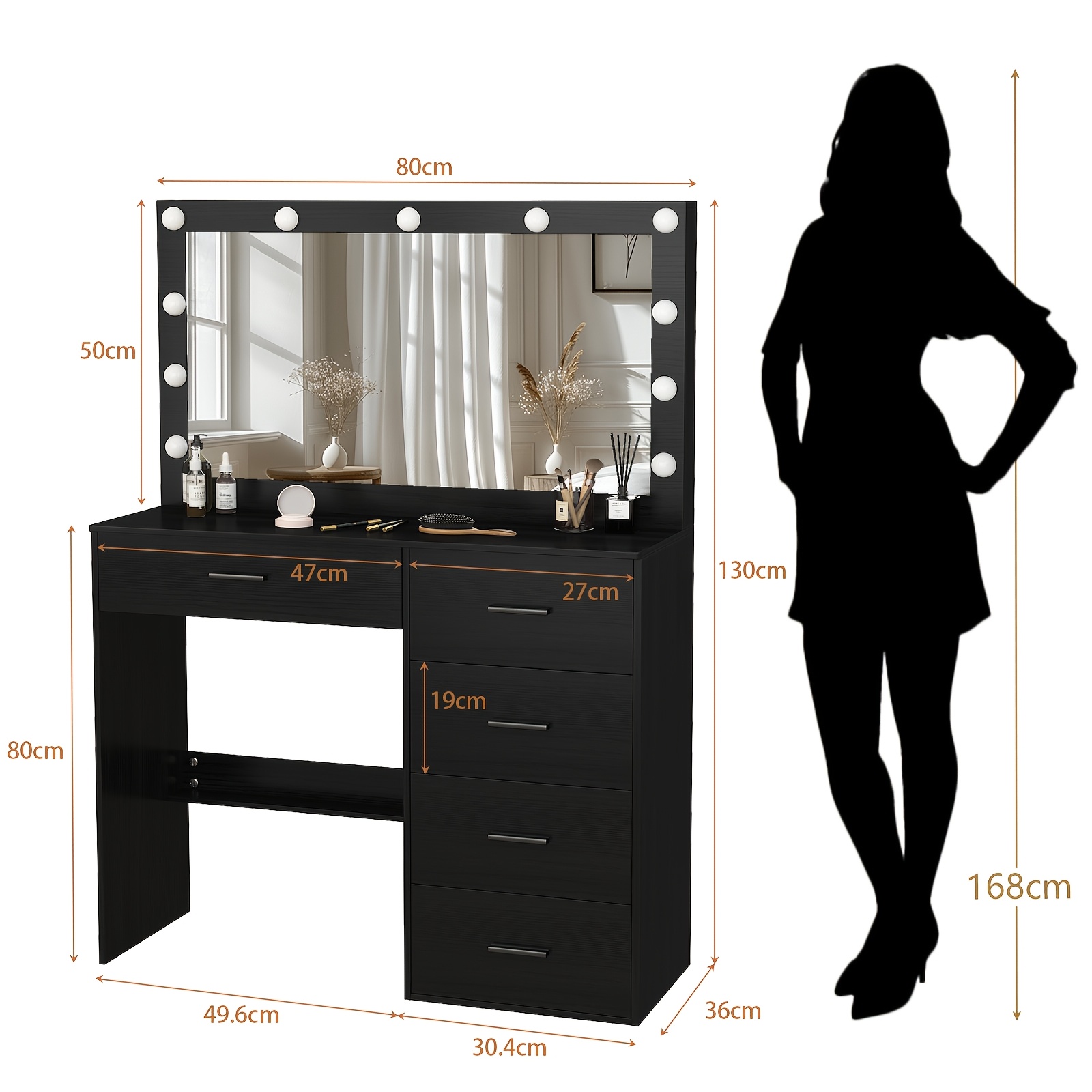     black dresser with large 11 led led bulbs adjustable pattern usb powered scandinavian   hardwood vanity organizer 3 2 cu ft storage 27   assembly dresser vanity desk modern aesthetic wood grain texture Product details 7